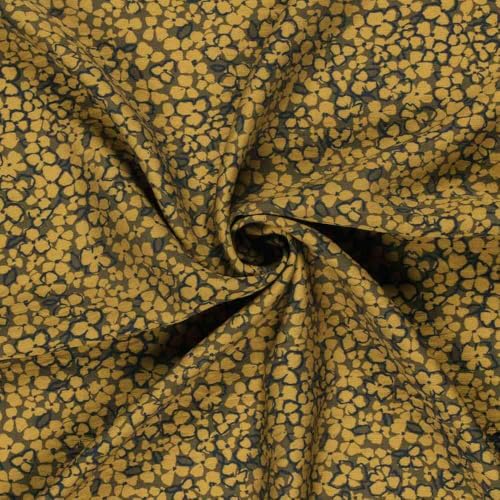 Tissu Crêpe de Viscose Ambrine fleurs Moutarde dorée sur fond Noir - Par 50 cm