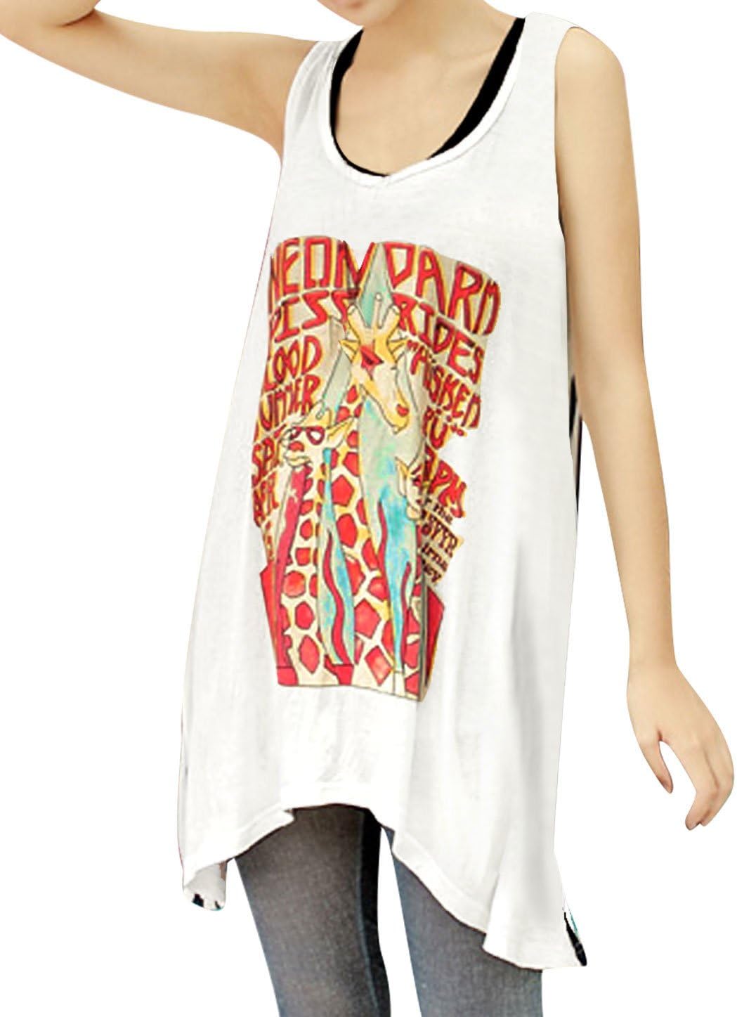 uxcell Lady Round Neck Animal Prints Stripes Pattern Back Tank Tops White Xs
