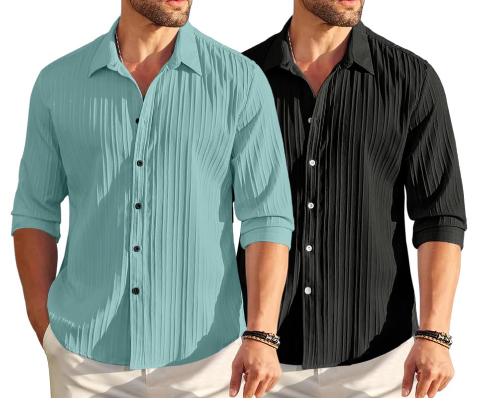 Image of FINIVO FASHION Men's Cotton Blend Shirt Set Lightweight, Full Sleeves, Plain Texture, Button Closure, Summer Ready (Pack of 2)