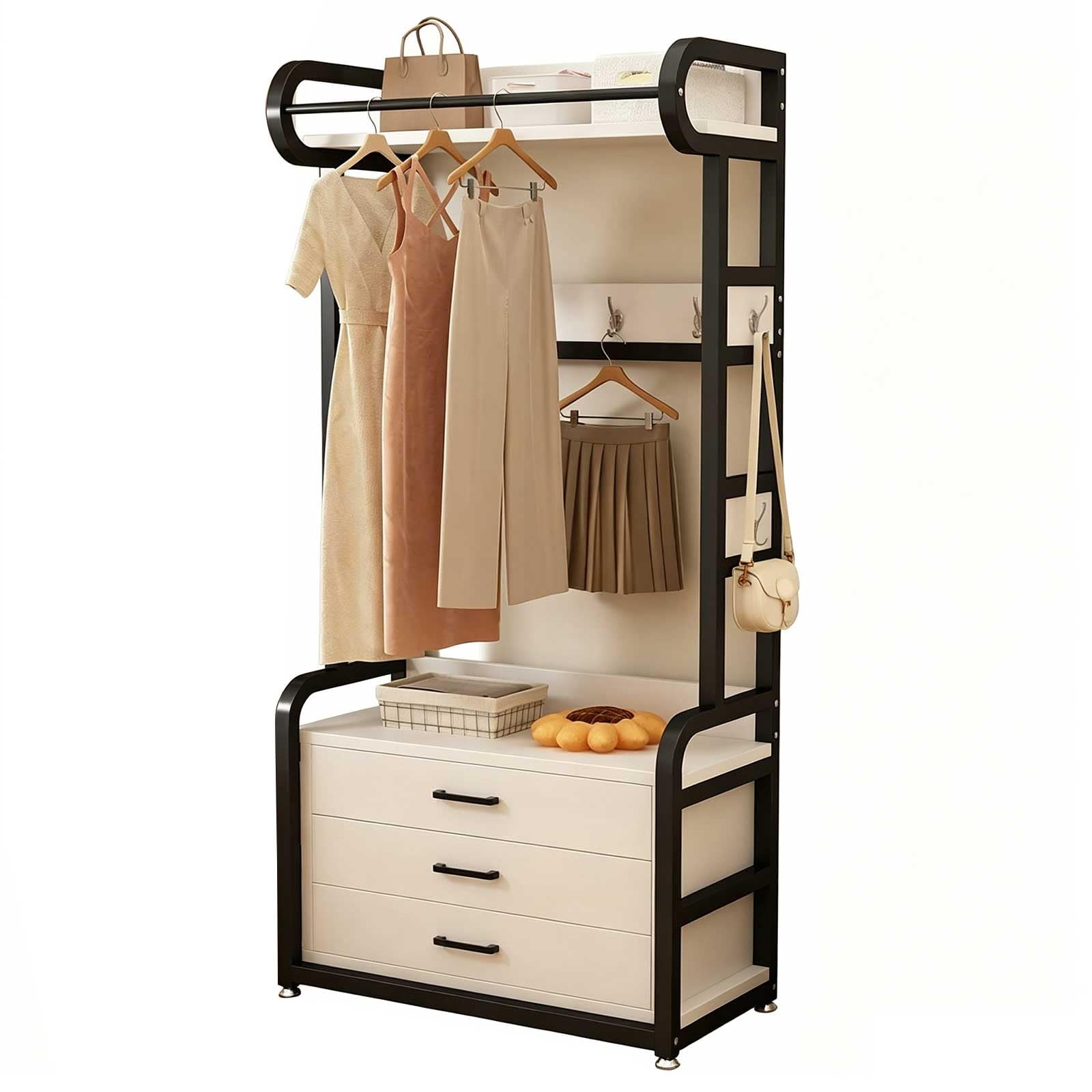 KIBONCY Freestanding Clothing Rack with 2 Drawers & Hooks, Wood Top Garment Rack with Storage Shelf for Bedroom, Entryway, Closet(D1,80CM)