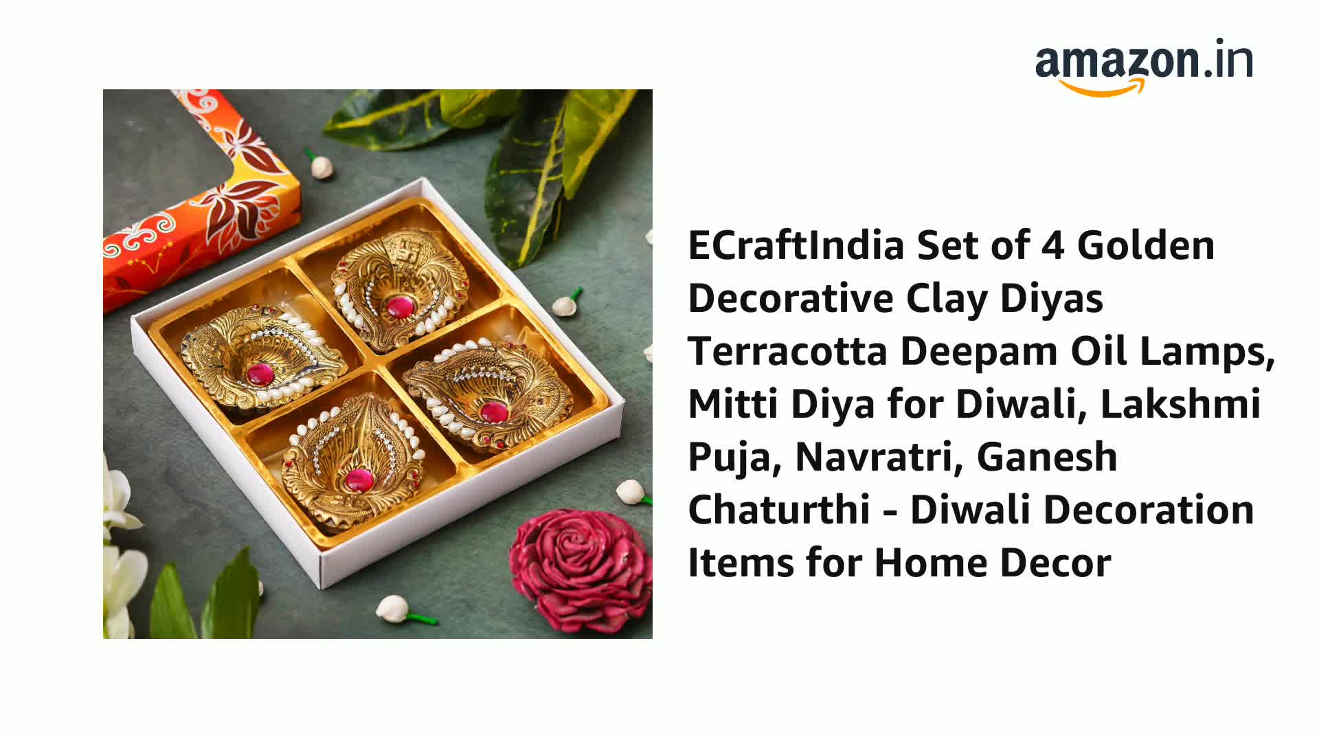 Buy eCraftIndia Set of 4 Golden Decorative Clay Diyas Terracotta