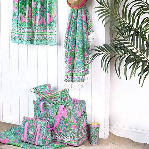 Image of Lilly Pulitzer Water Resistant Vinyl Beach Day Pouch, Zipper Bag Includes Drink Hugger, Small Pouch, and Towel Clips, Suite Views, One Size, Beach Day Pouch