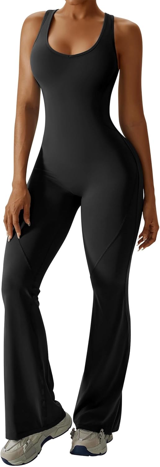 OEAK Womens Flare Jumpsuit with Bra Tummy Control Cutout Romper Workout Outfit Sleeveless Unitard One Piece Backless Bodysuit - Image 7