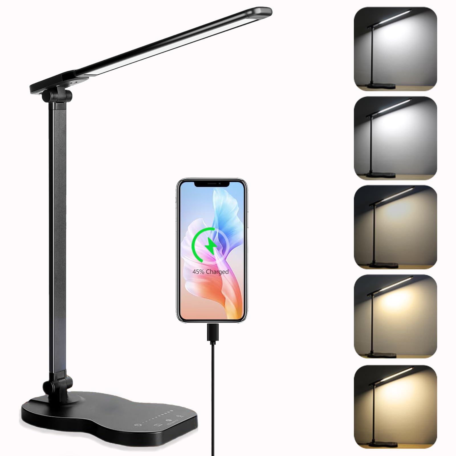 Lampe De Bureau Rigors Avec Détecteur De Mouvement - Chargeur Sans Fil Qi + USB - 3 Couleurs & 10 Luminosités - Pour étude Ou Lecture