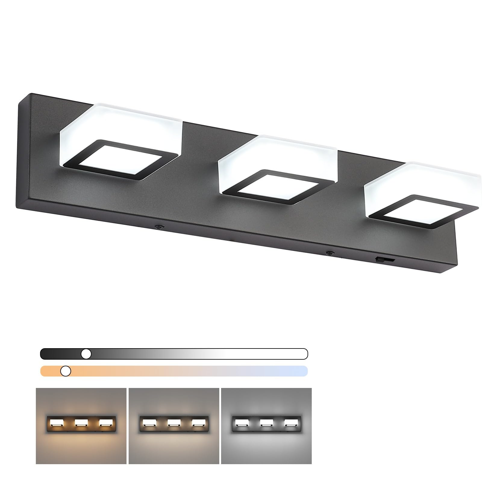 Ralbay Modern LED Black Bathroom Vanity Lights Dimmable 5CCT Acrylic Modern Black Bathroom Wall Lighting Fixtures 3 Lights