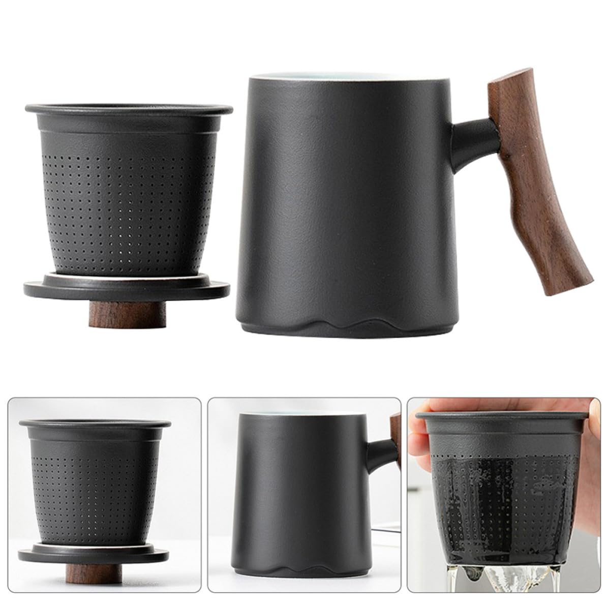 SOLUSTRE Taza de Té de Cerámica Negra de 360ml con Filtro y Mango de Madera, Capacidad Grande y Diseño Elegante para Diversas Ocasiones
