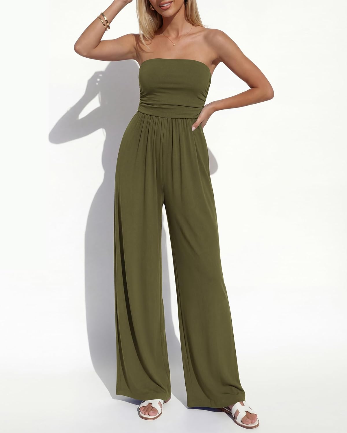 BTFBM Jumpsuits For Women Summer 2026 Beach Vacation Strapless Tube Top Jumpsuit Ruched Casual Wide Leg Pant Rompers - Image 5