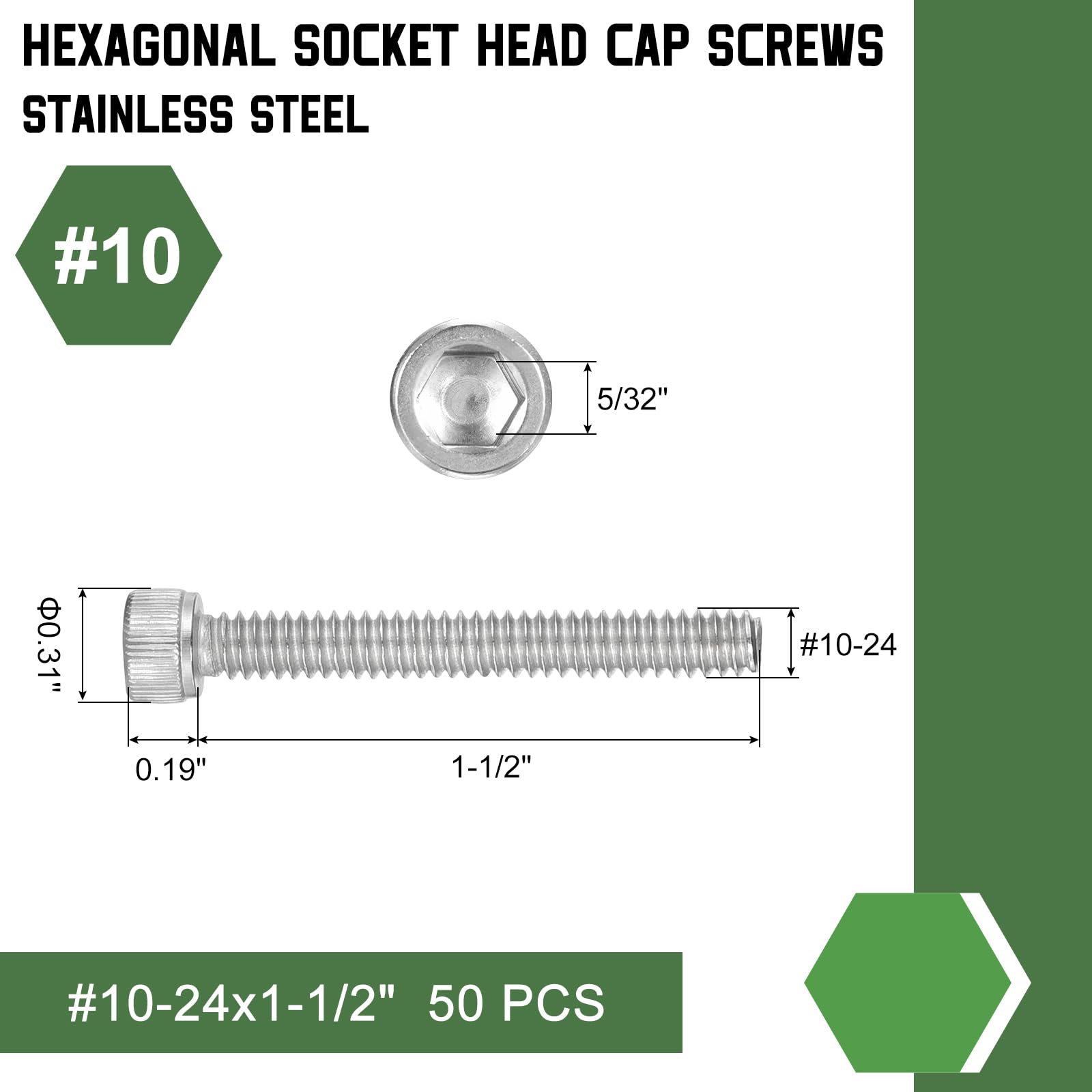 uxcell Hex Socket Bolts (#10-24x1-1/2"), 304 Stainless Steel Hex Socket Drive Screw, Black, 50 Pcs - Image 2