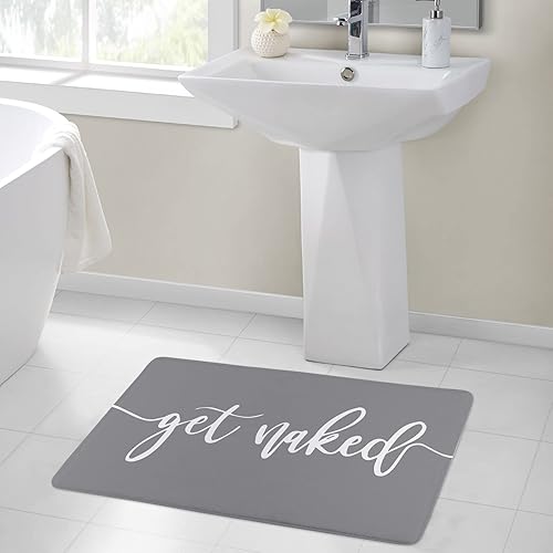 Miniatura 4 de Alfombra de baño Get Naked para baño, fuente blanca, lindas citas divertidas sobre fondo gris, alfombra de baño de espuma viscoelástica suave,