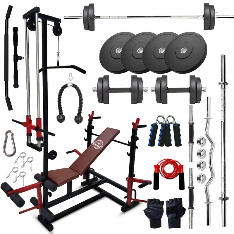 20-in-1 J Hook Adjustable Bench Set with 50KG Rubber Weight Plates, 5FT Straight Barbell Rod, 3FT Curl Rod, Dumbbell Rods, Gripper, Gloves, Skipping Rope & Training Kit-image-24