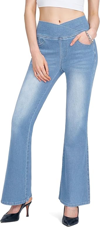 VX VONXURY Pull On Flare Jeans for Women, Stretchy High Waisted Bootcut Jeans Crossover Bell Bottom Denim Pants