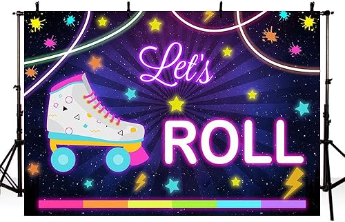 Let's Roll - Fondo de cabina de estudio fotográfico de cumpleaños, patinaje sobre ruedas, decoración de fiesta de arcoíris neón para niñas, telón de