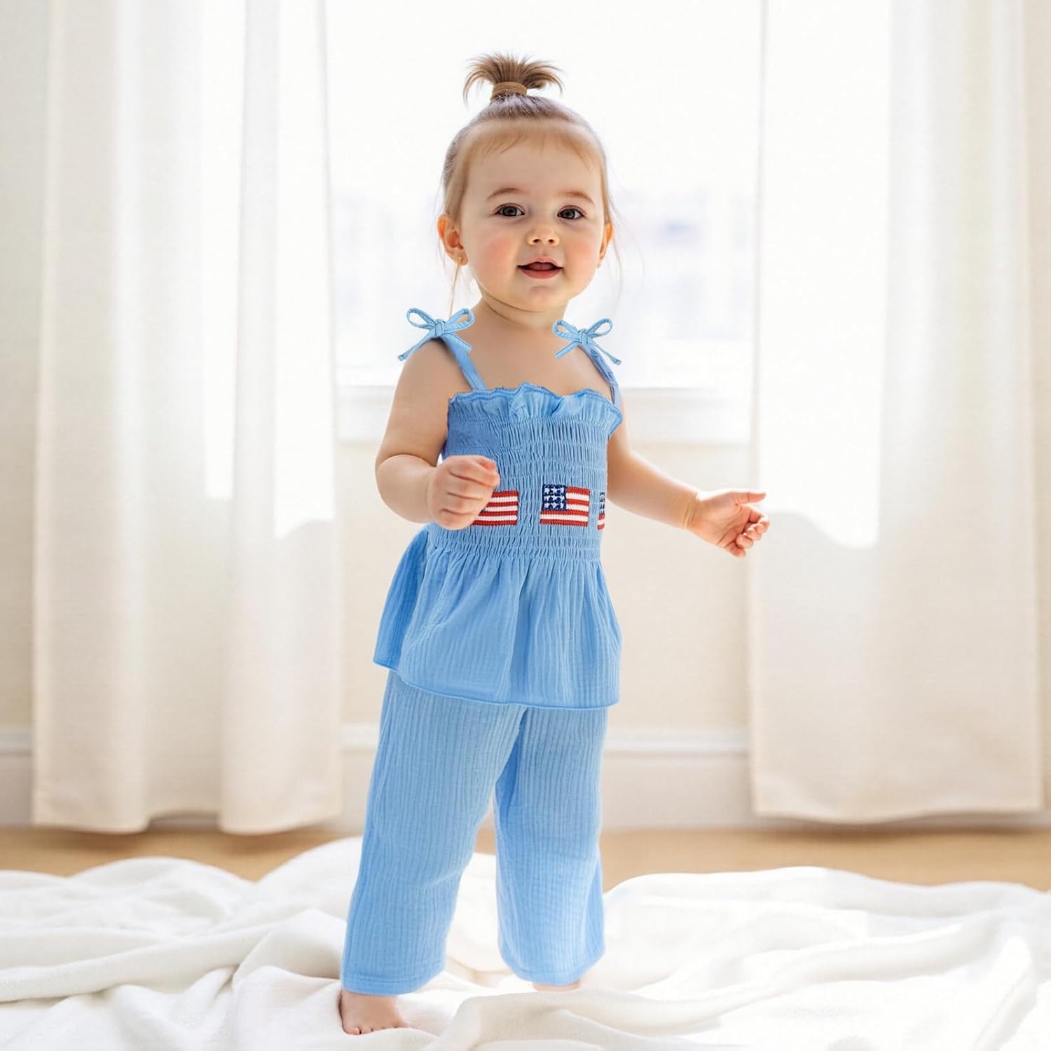 Kuriozud 4th of July Outfit Toddler Baby Girl Independence Day USA Clothes Summer Smocked Tank Top Wide Leg Pants Set