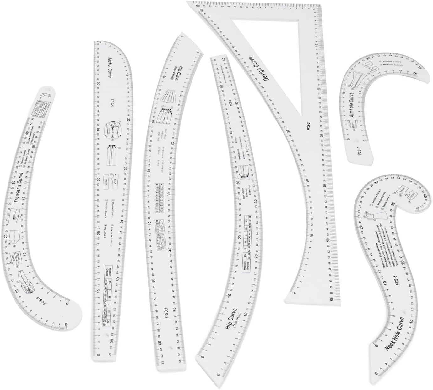 Jiawu 7Pcs Fashion Clear Metric Sewing Ruler Set, French Curve Pattern Kit For Beginners, Tailors, And Designers, Design Dress Makers Ruler, Tailors Making