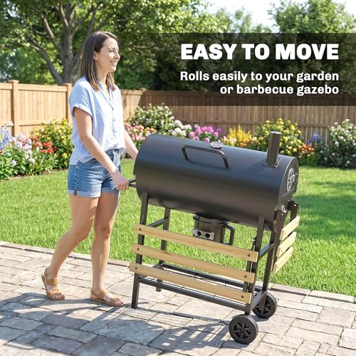 Outsunny Charcoal Grill, Barrel BBQ Smoker with Warming Rack, Movable Charcoal BBQ Grill with Foldable Shelves, Thermometer, Wheels for Outdoor Cooking, Camping Party, Natural Wood and Black - Image 5