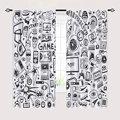 Anhope Boys Video Game Curtains Sketch Art Theme Window Drapes With Computer Gamepad Sports Rocket Teen 90'S Print Pattern Rod Pocket Curtains For Kids Bedroom Living Room, 2 Panels, 42 X 63 Inch #TOP1