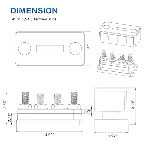 Miniatura 2 de Bloque de distribución de energía de barra de bus de 300 A, 4 x 38 pulgadas (M10), pernos de terminales de 48 V CC positivo y bloque de terminales