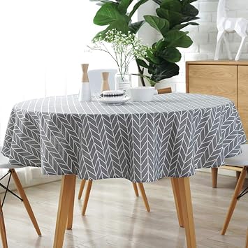HINMAY Table Cloth, Round Stripe Cotton Line Table Cover Nordic Twill Floral Tablecloth Washable Dining Decorative for Holiday Home Christmas Party Picnic (Gray)