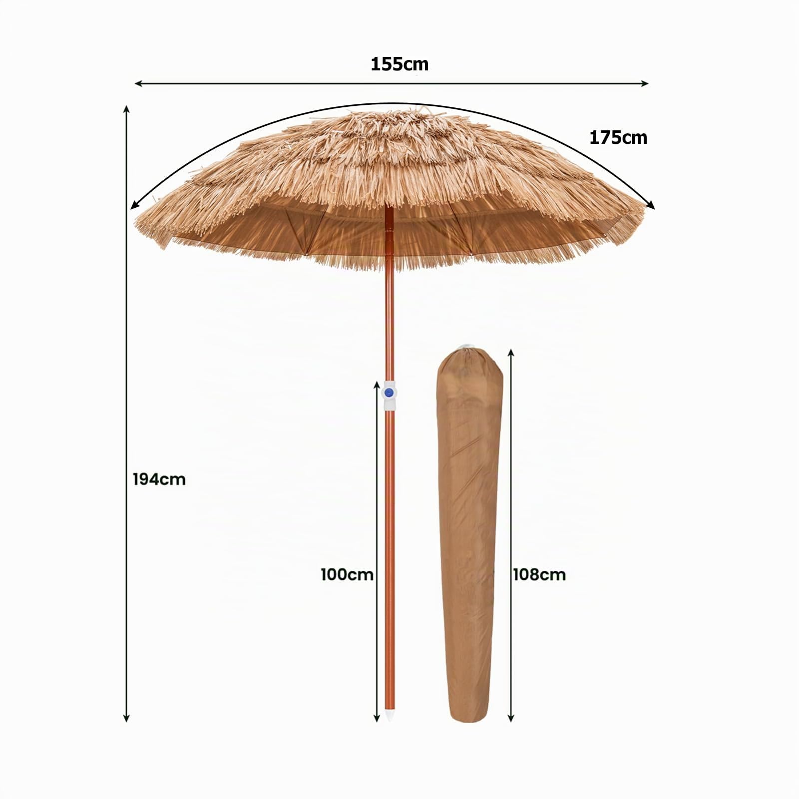 GYMAX Ombrellone Paglia PP, Altezza Regolabile, Angolo Inclinabile, Parasole Ombrello da Esterno con 8 Stecche, Borsa di Trasporto, per Giardino, Piscina, Mare, Terrazzo