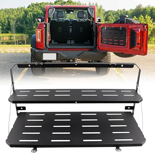 Mesa plegable para puerta trasera de Ford Bronco, mesa plegable de acero para puerta batiente, estante de carga negro compatible con Ford Bronco