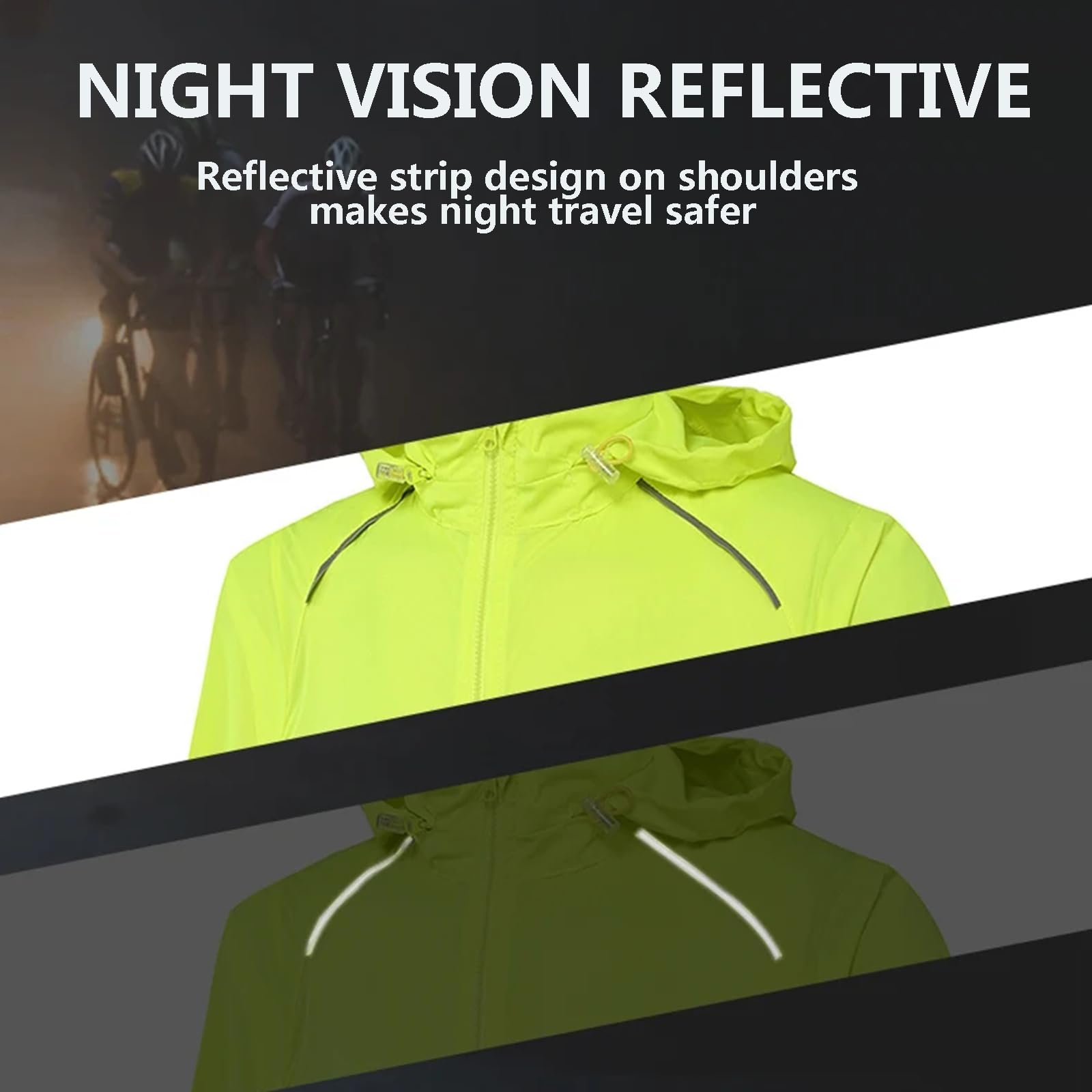 Zwei-in-Eins-Reflektierende wasserdichte Fahrradjacke mit Kapuze für Herren und Damen mit Abnehmbaren Ärmeln, Windjacke mit Durchgehendem Reißverschluss und Kapuze,Green-3XL