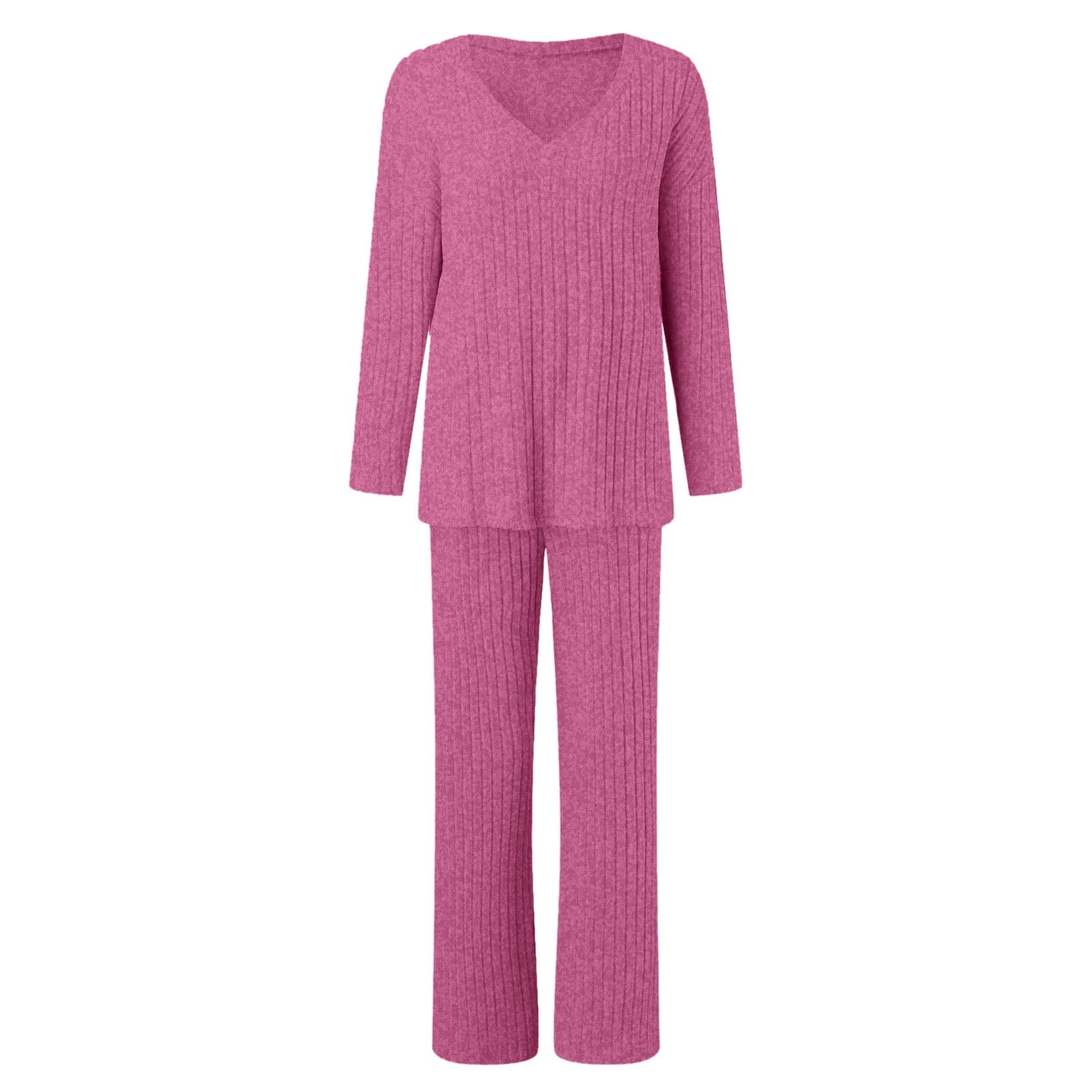 Strick Set Damen Zweiteiler - Strickanzug Damen Gerippt V Ausschnitt Elegant Loungewear 2 Teiler Lounge Wear Einfarbig Strickset Hose und Oberteil Freizeitanzug Modern Hausanzug Homewear Sleepwear