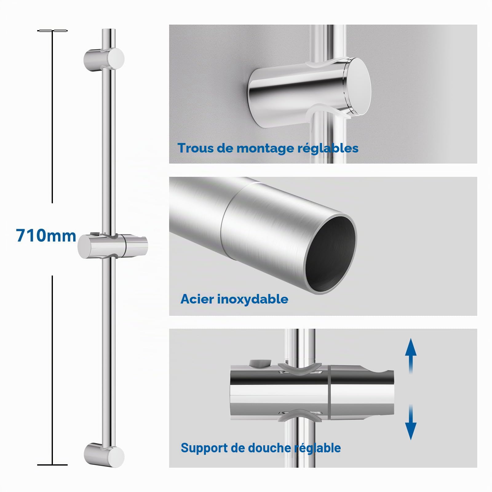 Auralum Barre de Douche 70 cm Inox Argent Support Douchette Réglable 360°Pivotant Fixation Murale par Perçage, Compatible Ø22 mm Universel