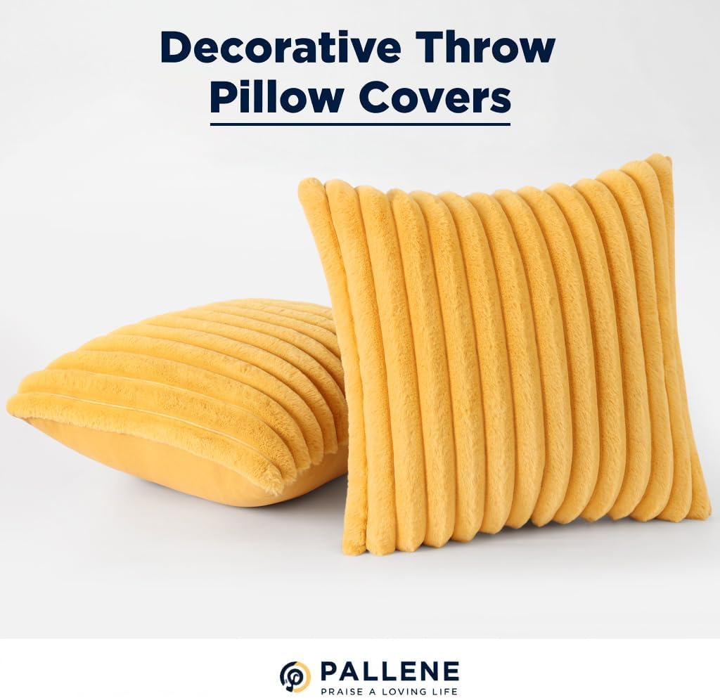 Pallene Faux Fur Plush Throw Pillow Covers 18x18 Set of 2, Luxury Soft Fluffy Striped Decorative Pillow Covers for Sofa, Couch, Living Room, Mustard Yellow - Image 7
