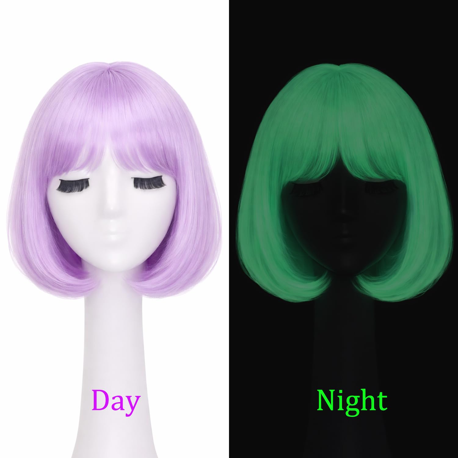 Light Purple Glow in the Dark Bob Wig with Bangs 10 Inch image 2