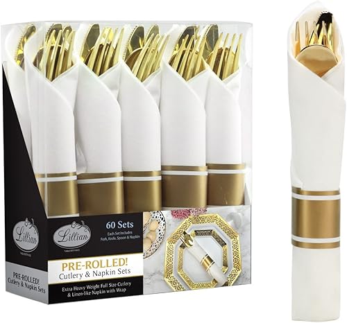 Miniatura 7 de Lillian Tablesettings Juego de 40 cubiertos y servilletas preenrollados con cubiertos dorados pulidos de tamaño completo, 10 tenedores, 10