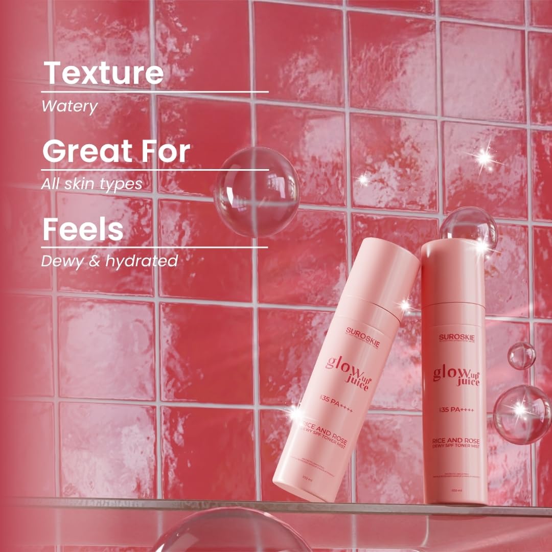 Suroskie Glow Up Juice SPF 35 PA++++ 100ml | Rose & Rice Toner Korean Skincare for Glass Skin | UV Rays Protection | Brightens & Smoothens | Dewy Mist for All Skin Types | Dermatologically Tested - Image 4 thumbnail