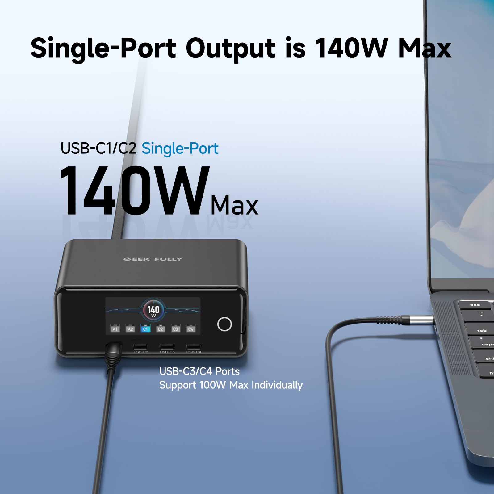 Cargador GaN de 240 W, cargador USB C de 6 puertos con puerto PD 3.1 máximo de 140 W, adaptador de estación de carga de escritorio para MacBook Pro/Air M3/M2, portátiles, iPhone 17/16, Galaxy S24/S23