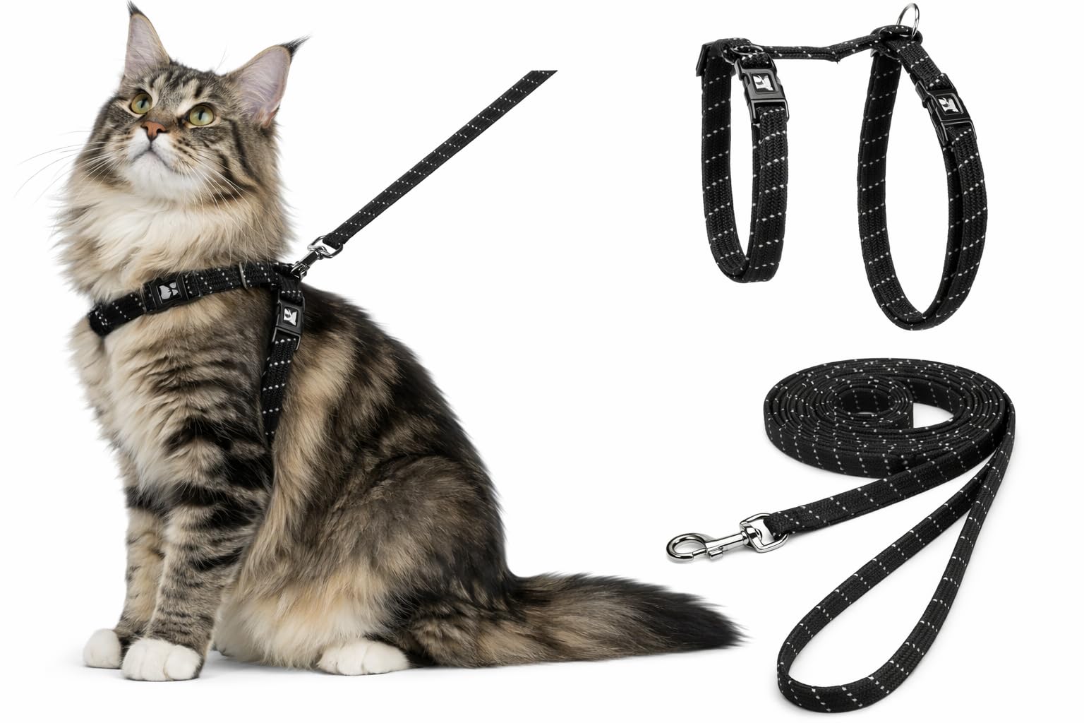 cat harness - large cat Elza black - 22-32cm - 35-56cm - leash 120cm - adjustable nylon - reflective - with carabiner
