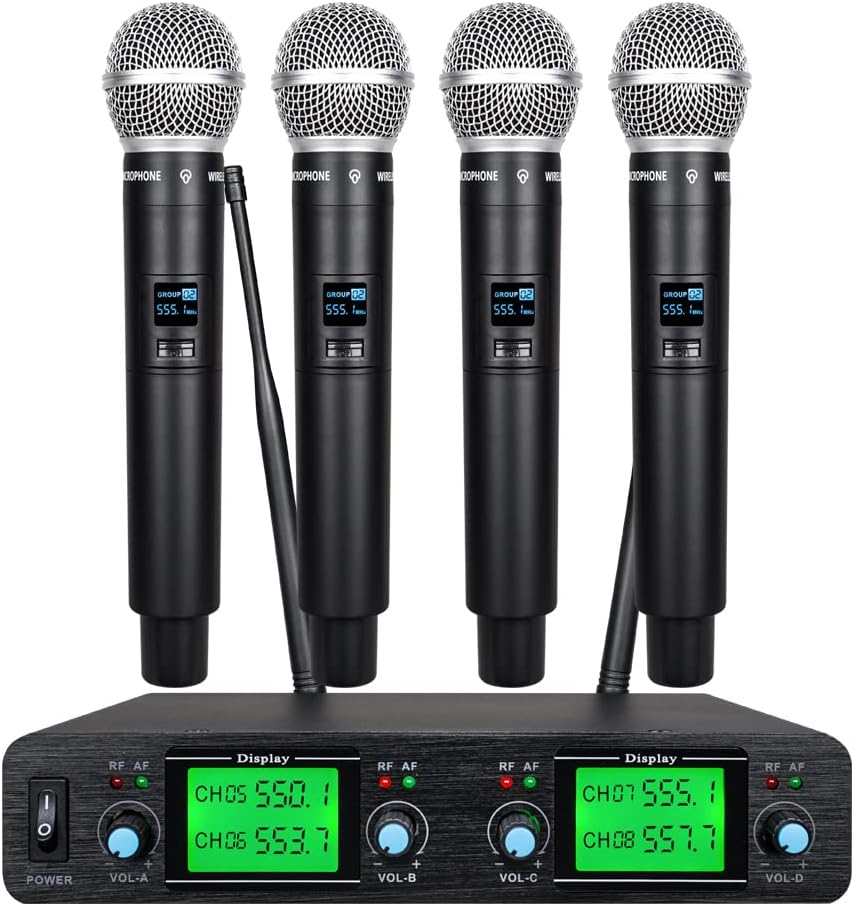 Tbaxo 4 Channel Wireless Microphone System UHF 4 Handheld Mic Karaoke DJ Singing Meeting Party New Wedding Church Conference Speech 3 Years Free Warranty Fixed Frequency Long Range
