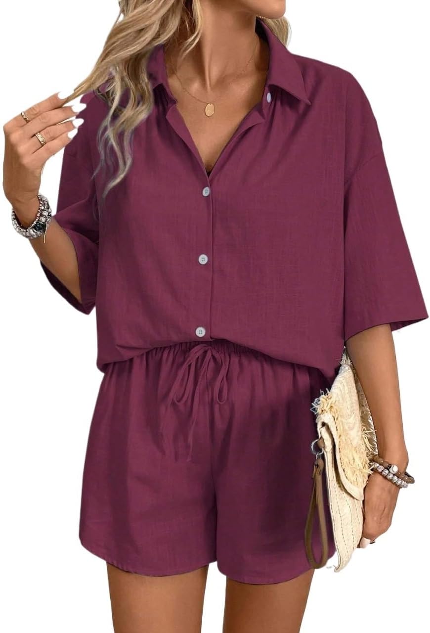 Women's 2-Piece Casual Short Sleeve Shirt Set Oversized Outfit For Spring Summer And Fall