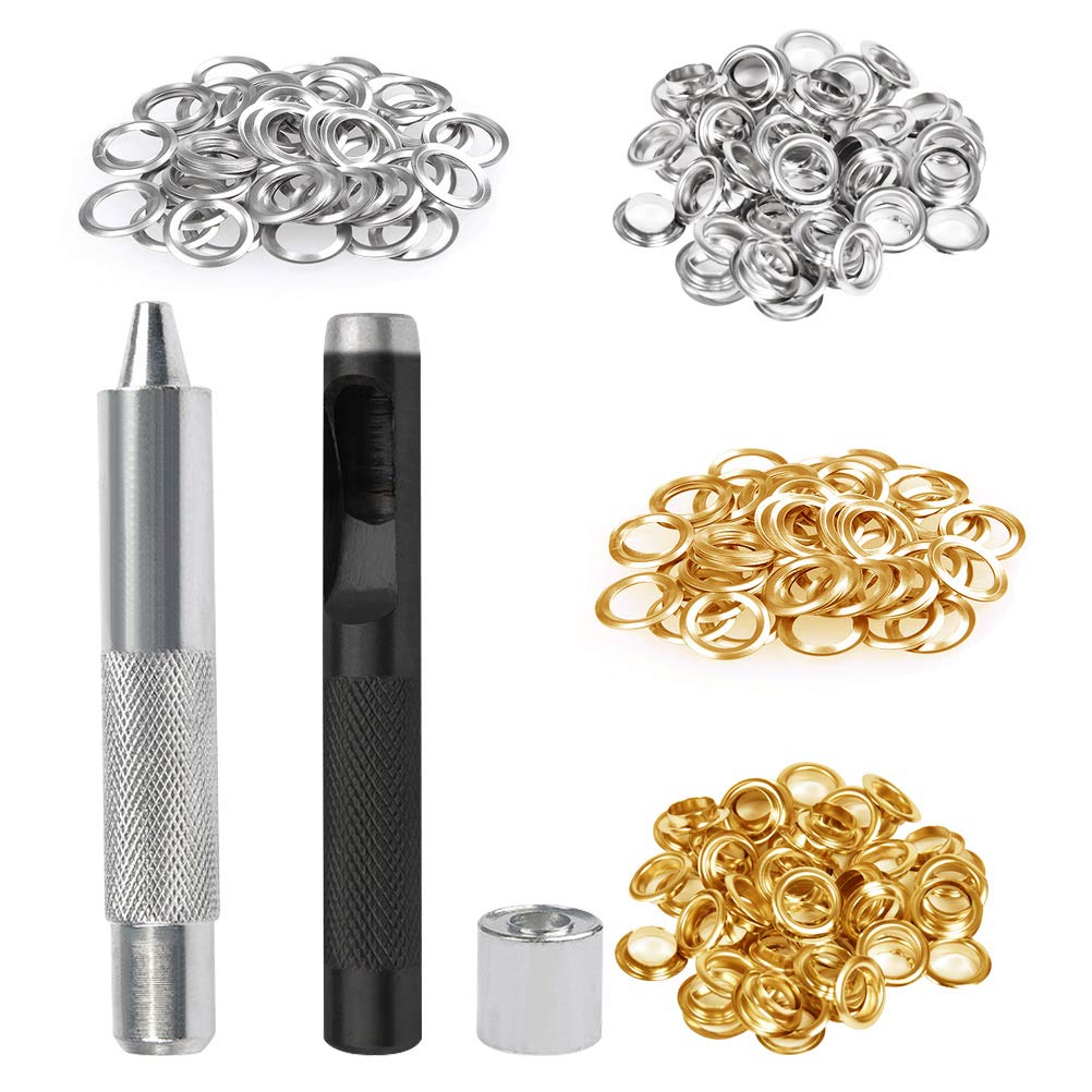 1/2 Inch Grommet Tool Kit, 100 Sets Grommets Eyelets for Fabric, Tarpaulin, Curtains, Clothing, Leather, with Grommet Setting Tool (Gold + Silver)