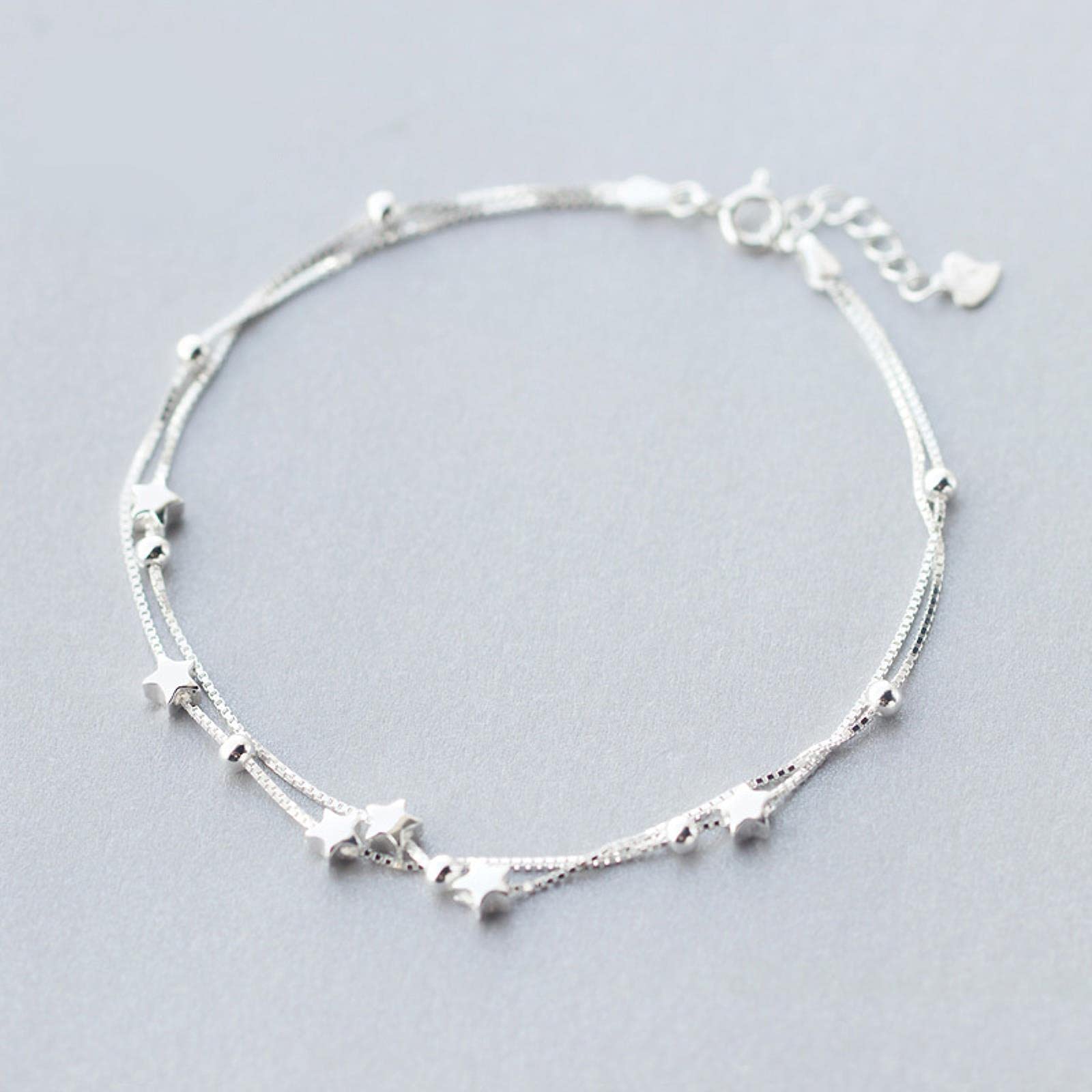 925 Sterling Silver Fashion Sweet Double Layer Beads Star Anklets For Women Fashion Sterling Silver Jewelry