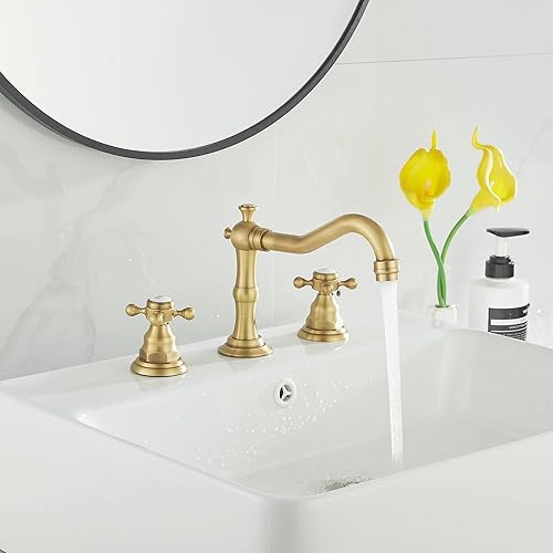 Miniatura 7 de GGStudy 2 manijas 3 agujeros grifo de baño extendido grifo de lavabo de latón antiguo grifo mezclador manguera de suministro incluida metal a juego
