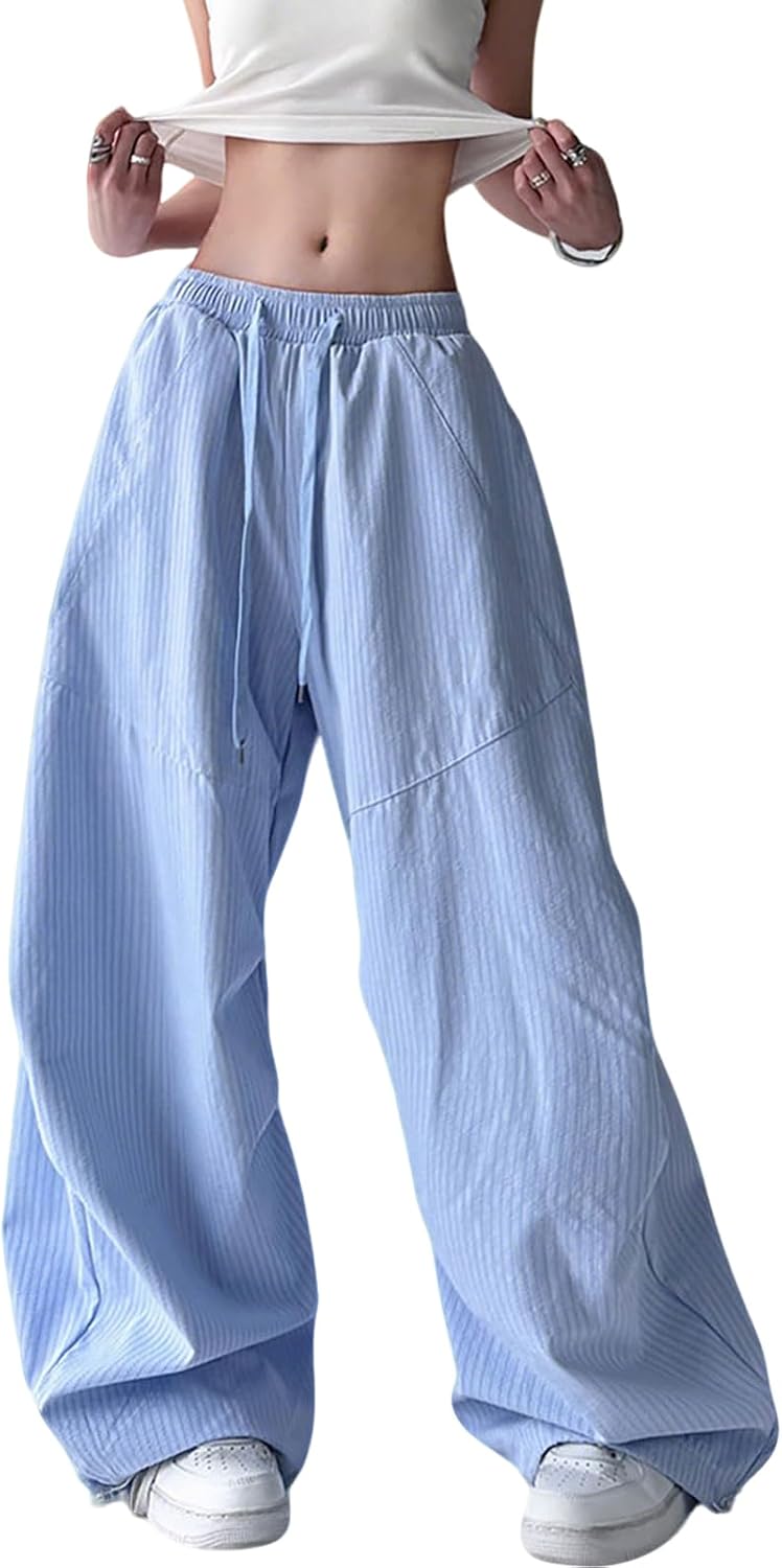 Hewlshawn Women's Striped Wide Leg Cargo Pants High Waist Baggy Track Pants