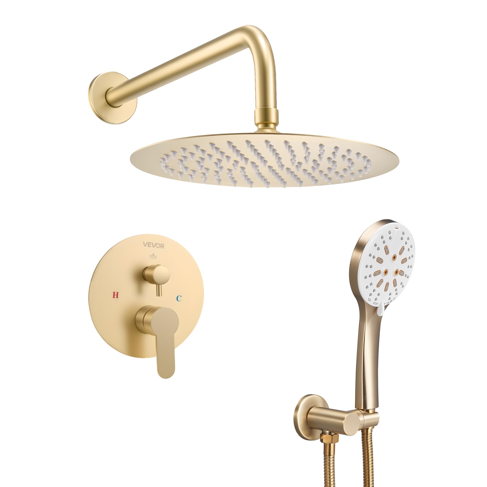 VEVOR Sistema Doccia a Pioggia per Bagno con Soffione Tondo 254 mm e Doccetta, Set di Rubinetti da Doccia a Parete, con Valvola in Ottone e Kit di Finitura, Rubinetto Doccia, Oro Spazzolato