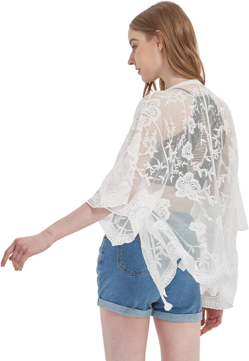Anna-Kaci Womens Long Embroidered Lace Kimono Cardigan with Half Sleeves - Image 3