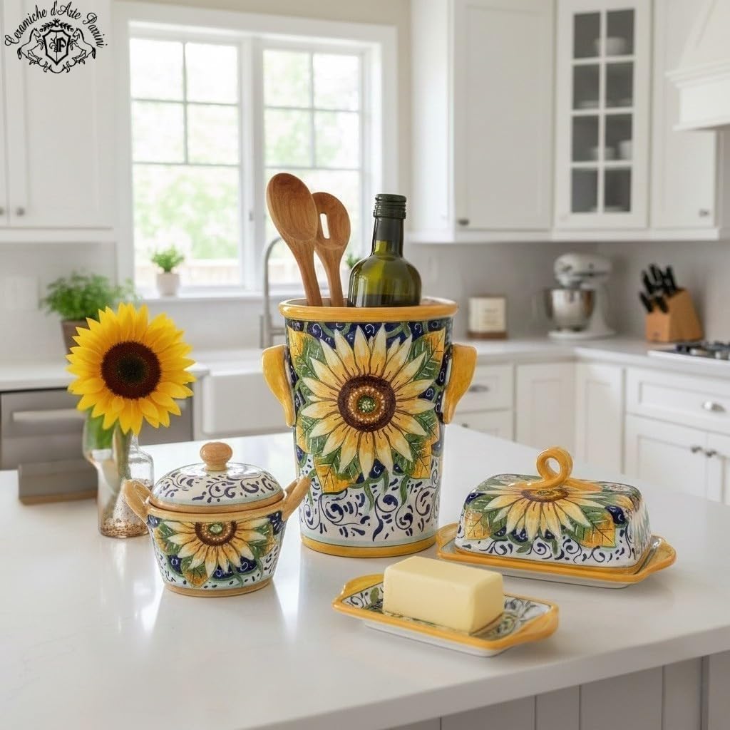 CERAMICHE PARRINI - Italian Ceramic Art Sugar - Cheese Bowl Pottery Decorated Sunflower Tuscany Hand Painted Made in ITALY