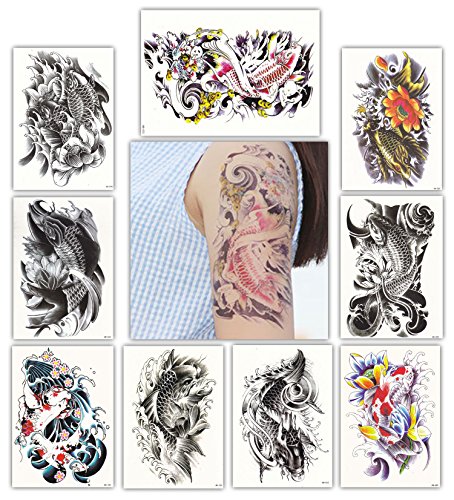 DevilFace Large Temporary tattoos for Men Women, 9 Sheets Fake Tattoo (Koi Fish)