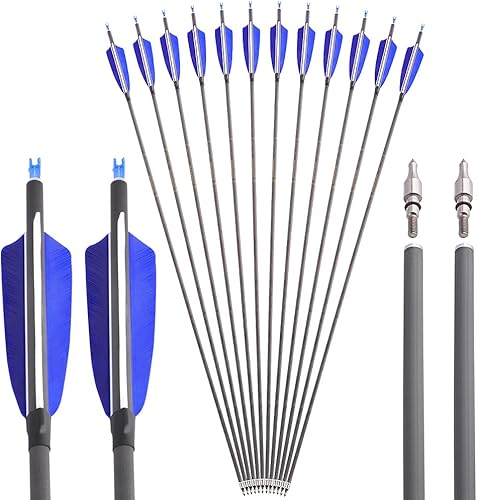 Miniatura 6 de AMEYXGS 612 flechas de carbono con arco de 34 pulgadas, 400 flechas compuestas de caza de columna vertebral con flecha de práctica de plumas de pavo