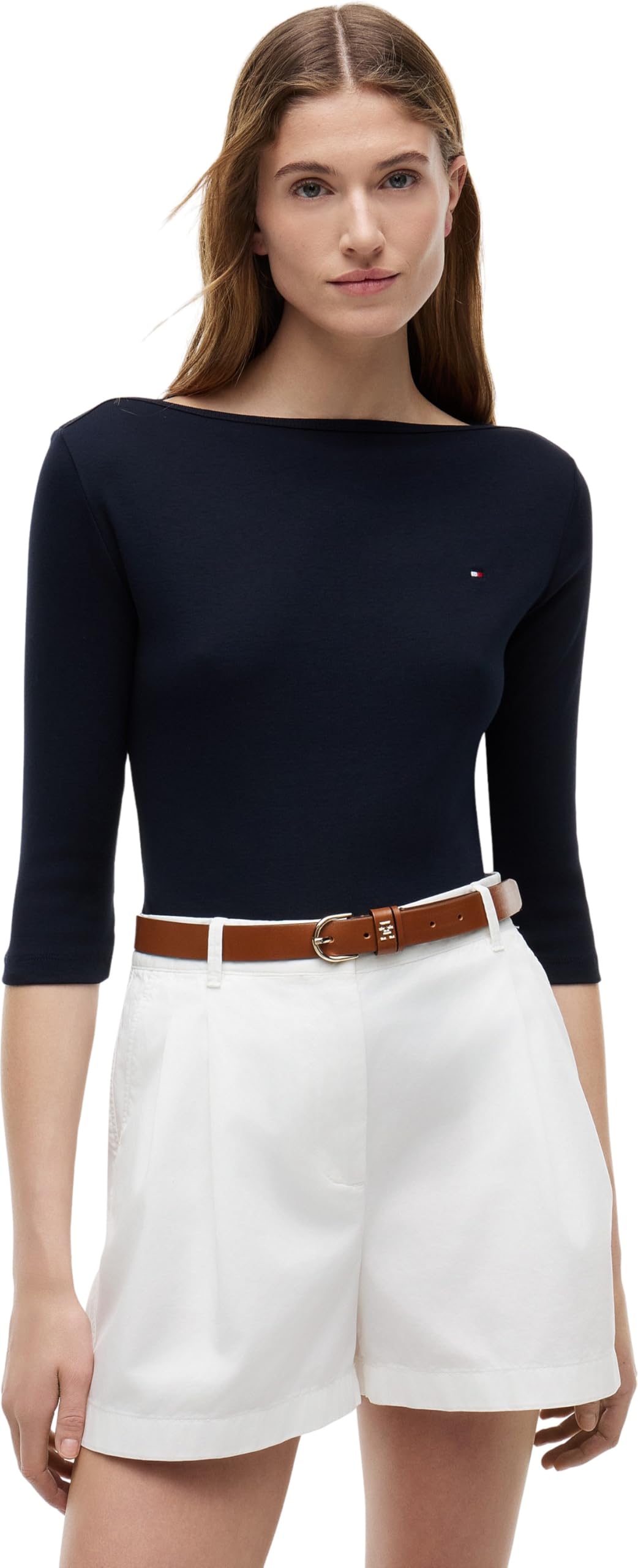 Tommy Hilfiger Women’s Long Sleeve Slim Fit New Cody Top with Boat Neck, Blue (Nos Desert Sky), XXS