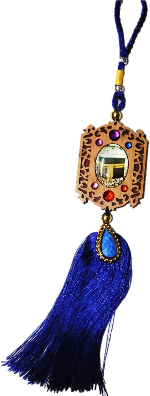 Muslim Car Hanging Ornament Islamic MECCA and DUA SAFAR( Travel) in Arabic Text Wooden Engraved with Crystals and Handcrafted Best Muslim Gift . (Blue)
