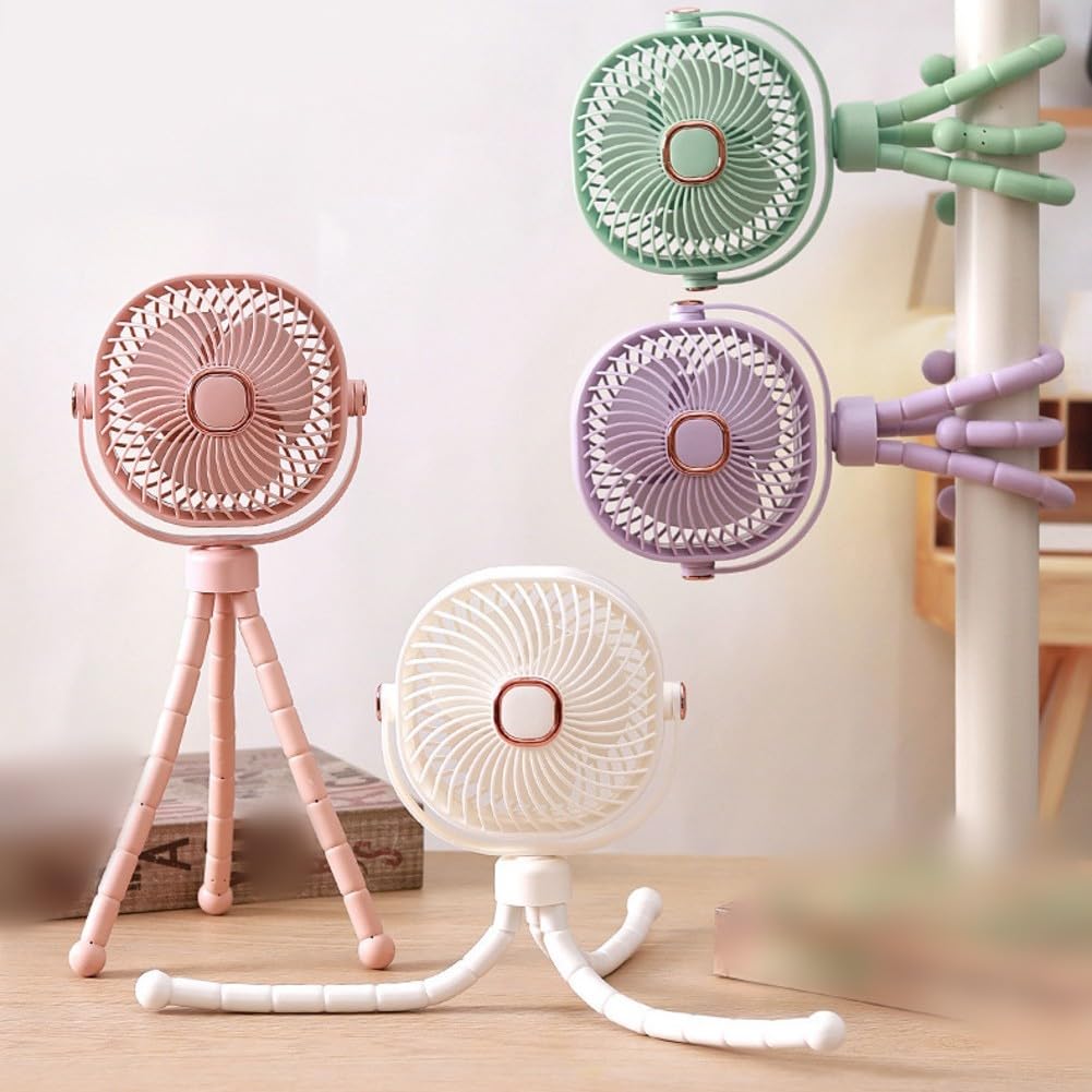 Tragbarer Kinderwagen-Ventilator, 8000 mAh, mit 360-Grad-Drehung, LED-Licht, abnehmbarem Kopf und 4 Geschwindigkeitsoptionen für den Einsatz (Rosa)