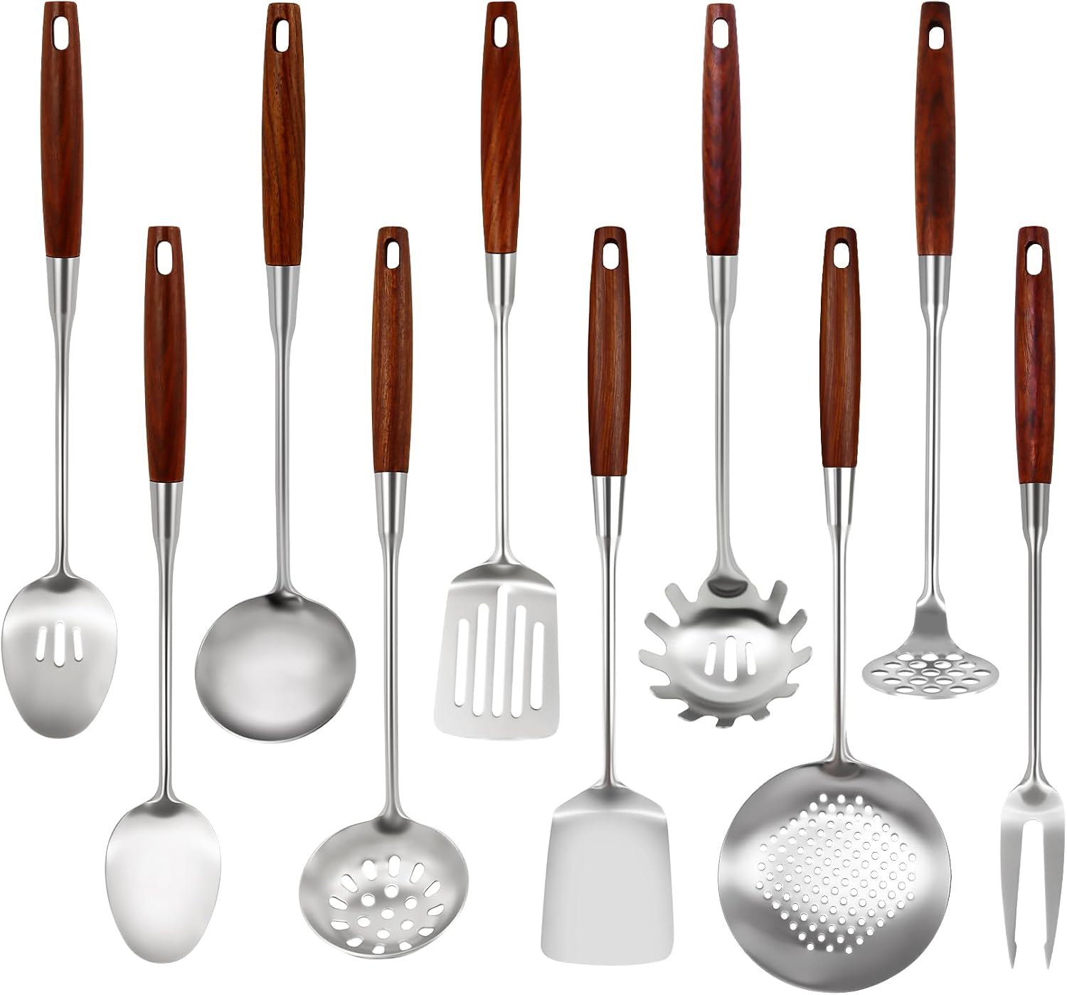 10pcs Stainless Steel Cooking Utensils Set Long Large Metal Kitchen Utensil Wok Tool for Professional Kitchens