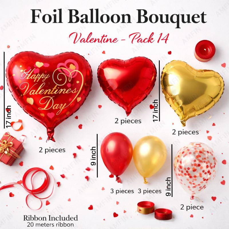 Image of AMFIN (Pack of 14) Happy Valentine's Day Balloon Decoration Set | Romantic Heart Foil Bouquet Metallic Helium Bunch Proposal Anniversary Celebration Party Decor - Red Mehroon