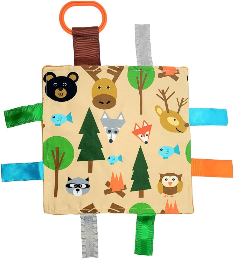 Baby Jack & Co 8x8” Forest Woodland Animal Lovey Tag Toys for Babies - Crinkle Toys for Developing 5 Senses - Soft & Safe - Learn Shapes & Colors - Soother & Tummy Time - BPA Free w/Stroller Clip